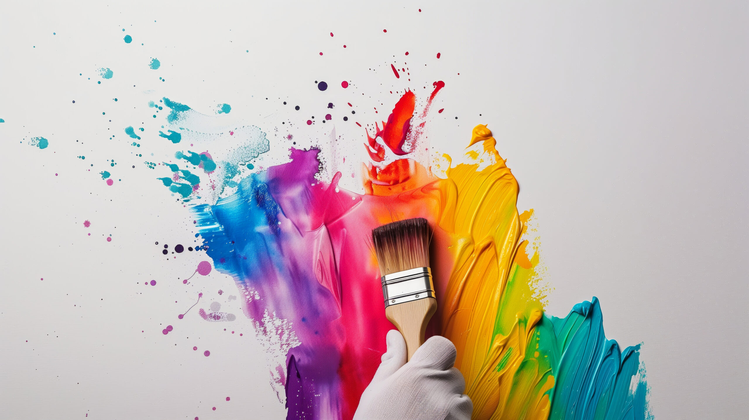 a person is painting a rainbow on a wall with a brush. the colors are bright, vibrant, creating a cheerful atmosphere. hand holding paint brush with rainbow color paint splash on white wall background